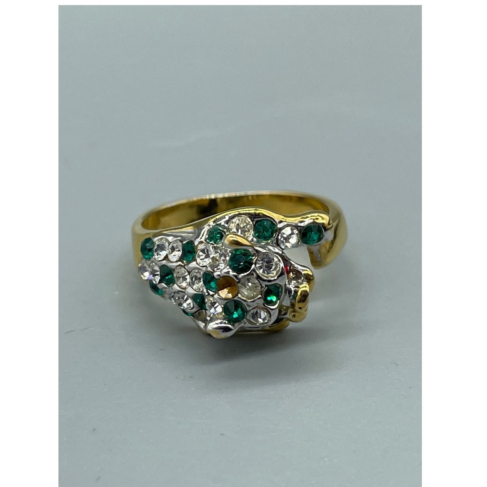 Vintage 18KGE‎ Gold Plated Panther Head Crystal Ring Green Clear Pave Size 7